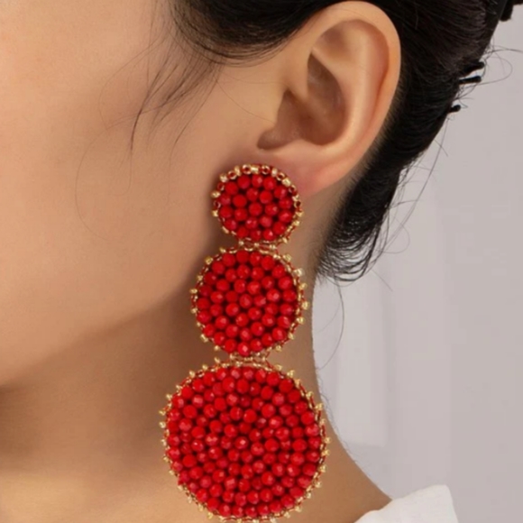 Red Beaded Triple Tier Earrings Big Bold Bohemian Holiday Statement Jewelry New - Picture 1 of 10